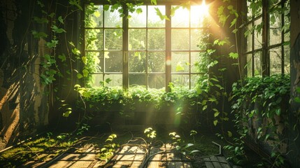 Sunlit Abandoned Room Overtaken by Nature with Ivy and Calm Atmosphere