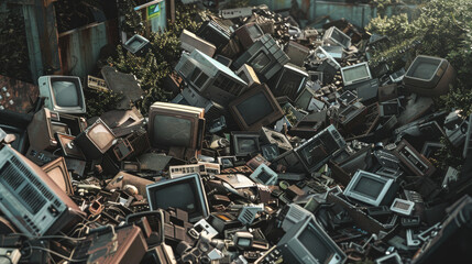 A sprawling pile of discarded old TVs and electronics, surrounded by overgrown greenery, symbolizing technology waste and environmental impact.