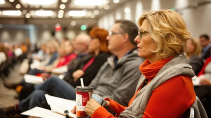 Fototapeta premium Several individuals attentively engaged with notes and holding coffee cups at a large indoor seminar or conference session, suggesting an atmosphere of focused learning and networking.