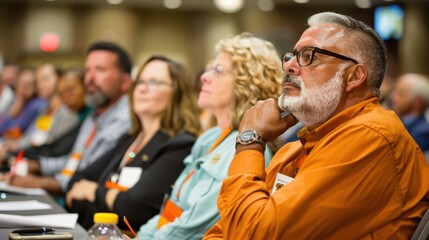 A diverse group of individuals are seated and attentively listening at a formal meeting or conference event, captured in a well-lit conference room with a professional atmosphere.