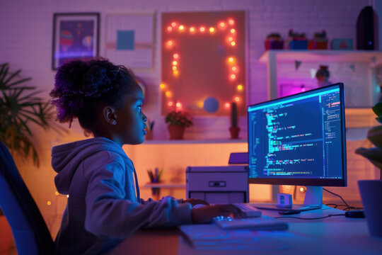 Focused young black girl using computer and learning programming while sitting at desk in her room in the evening, , online IT school, programming learning