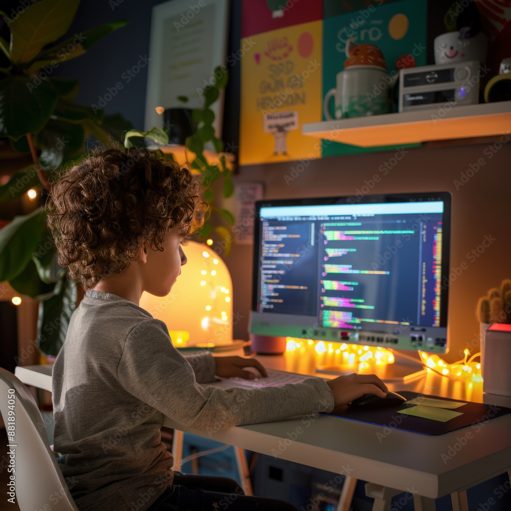 Poster young boy is learning to code, practicing his programming skills on a desktop computer in his bedroo