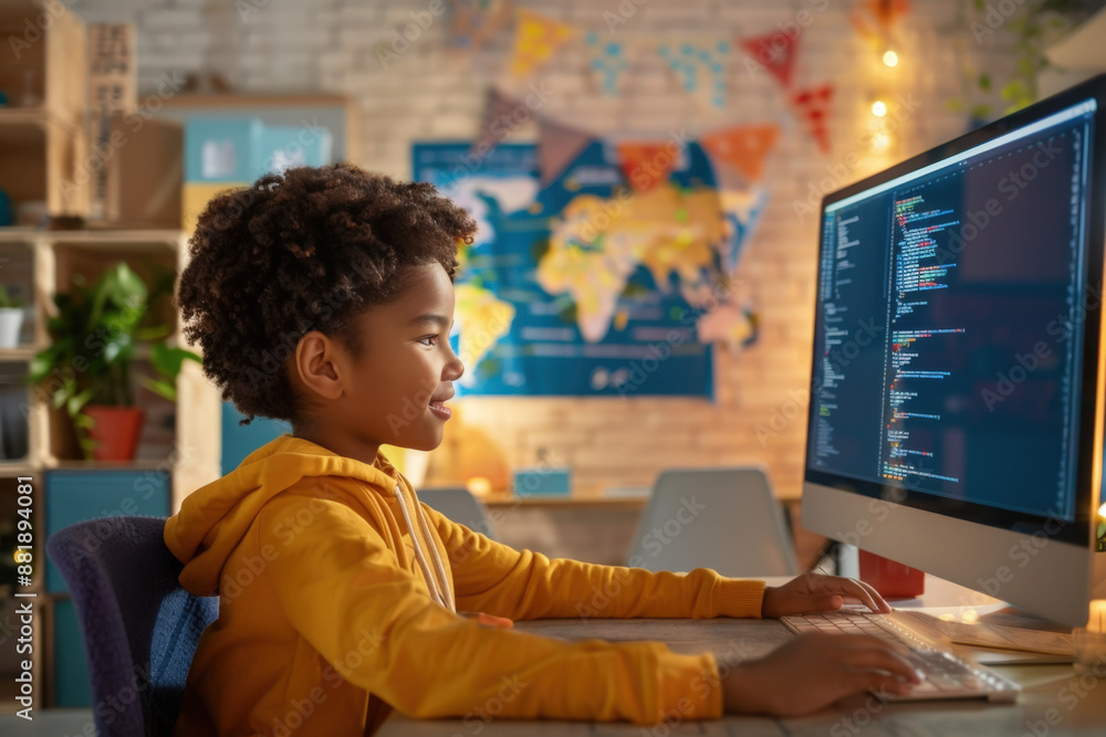 Poster young boy is using a computer to learn programming at home, smiling while looking at the screen, , o
