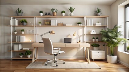 Sleek white desk, stylish ergonomic chair, tasteful decorations on shelf, and soft neutral tone wall create a modern minimalist home office.