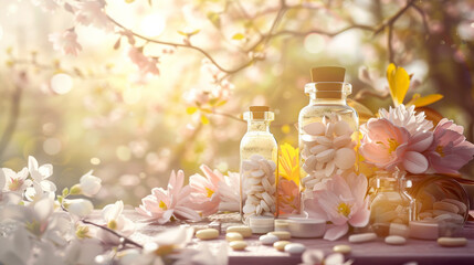 Bottles of white pills surrounded by blooming flowers and soft, dreamy light create an aesthetic blend of nature and wellness on a spring day.