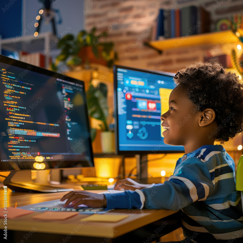 Poster young boy is smiling while learning programming code from an online class at home, , online it schoo