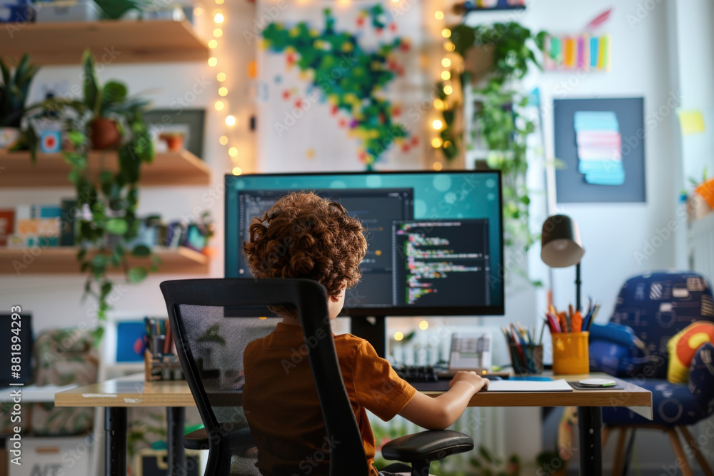 Poster child coding on a computer at home, immersed in learning and problem-solving, showcasing creativity 