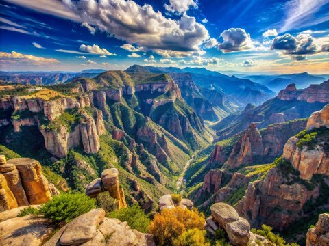 Breathtaking illustration of Mexico's Copper Canyon Depths, showcasing majestic mountains, craggy rocks, and serene scenic views under a vibrant blue sky in Chihuahua, Mexico.