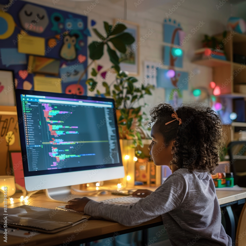 Poster young african american girl learns programming on a computer in her bedroom, focusing on developing 