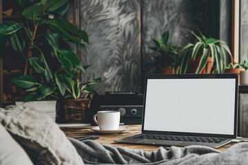 Fototapeta premium Front view of laptop computer,coffee cup on a table on the background of a black wall and green indoor flowers. Empty screen for your advertise design. Mock up. Copy space