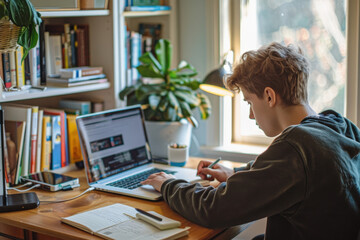 Teenage boy is taking notes while using a laptop for online learning at his desk at home
