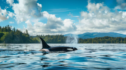 Naklejka premium An orca surfaces in a tranquil bay surrounded by forested hills under a bright blue sky, blending with nature's calming essence.