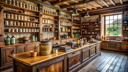 An old-fashioned general store with wooden shelves and a counter.