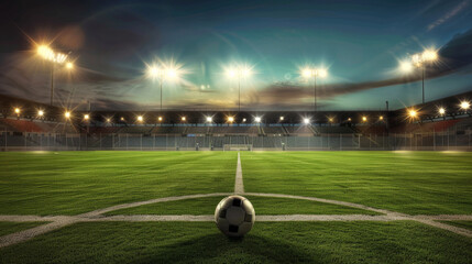 An illuminated soccer stadium at night, with spotlights beaming over an empty field and a lone soccer ball positioned at the center.