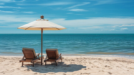 Two wooden lounge chairs under a white umbrella facing a calm blue ocean, perfect for a relaxing beach day.