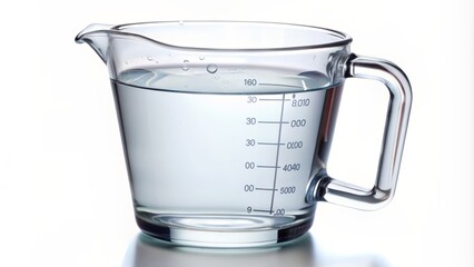 Close-up of a glass measuring cup filled with water isolated on white.