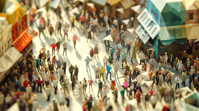 A bustling marketplace with a diverse crowd of people walking among vibrant stalls under the sunny sky, captured with a tilt-shift effect.