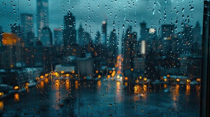 Fototapeta premium Blurry cityscape through rainy window