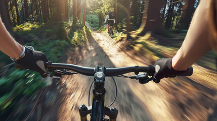Fototapeta premium A thrilling mountain biking adventure with a dynamic view from the handlebars, racing through a vibrant forest bathed in golden sunlight.