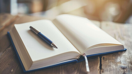 An open journal with a pen rests on a wooden table bathed in soft sunlight, inviting thoughts, creativity, and the beginning of personal writing adventures.