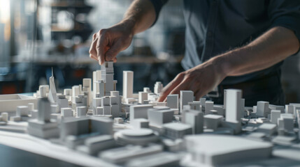 A meticulous hand carefully places a tiny model structure on a detailed urban cityscape model, showcasing architectural planning in a modern studio.