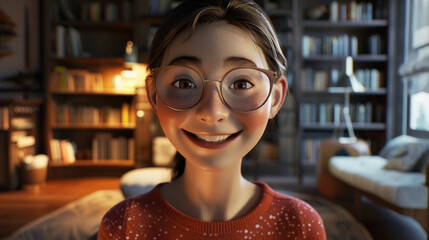 Animated character in a cozy library, smiling warmly, suggesting a personality filled with kindness and curiosity.