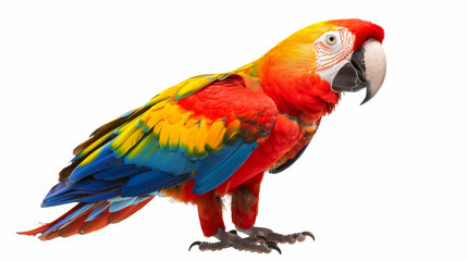 Fototapeta premium Close-up of a vibrant, brilliantly colored parrot perched against a plain white backdrop, highlighting its stunning plumage.