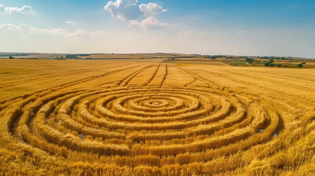 Mysterious Crop Circle in a Golden Wheat Field under a Blue Sky
