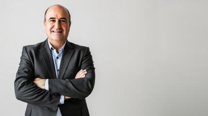 A confident man in a formal suit stands with arms crossed, exuding professionalism against a neutral background.