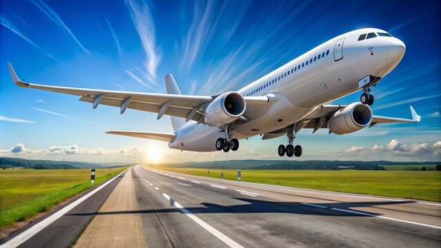 Large commercial airliner accelerating down runway, silver fuselage and wings against clear blue sky, majestic solo takeoff in progress.