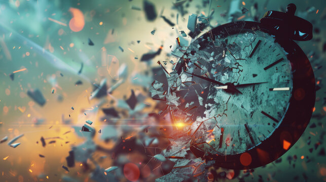 A surreal depiction of a shattered clock exploding into fragments, capturing the chaos and distortion of time in a visually striking manner.