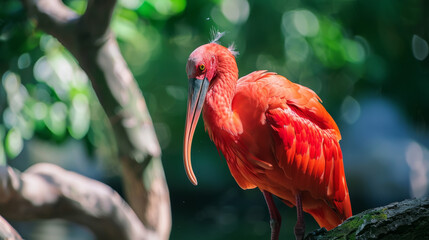 A striking red bird, perched against a backdrop of lush greenery, stands out vibrantly in natural light.