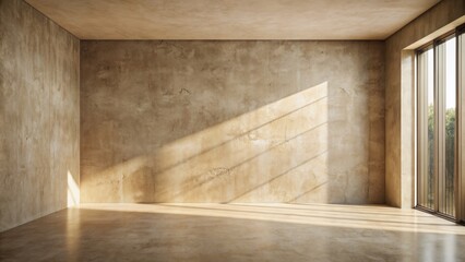 Softly lit beige room with cement walls and floor, featuring subtle window shadows, perfect for bohemian architectural product mockups.