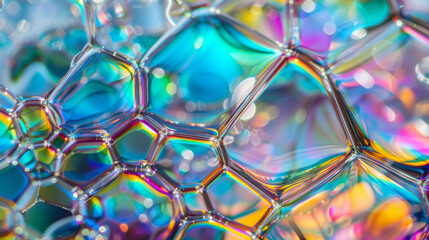A mesmerizing close-up of colorful, prismatic soap bubbles, reflecting light to create a kaleidoscopic effect of dazzling hues.