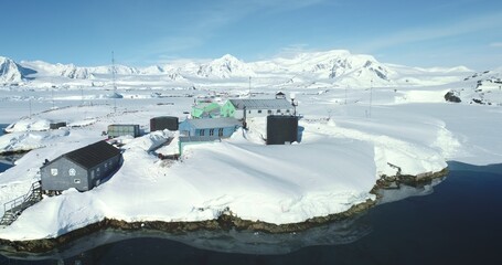 Antarctica, Vernadsky polar station research Ukrainian base on Antarctic coast. Polar ocean, snow...