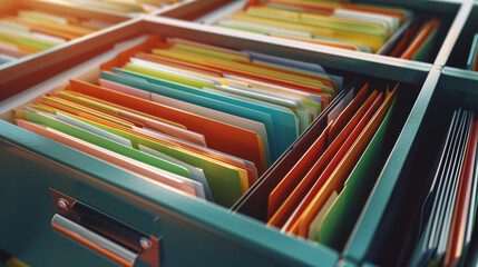 Obraz premium An open metal filing cabinet filled with colorful, neatly arranged folders, ready to store various documents and ensuring an organized, efficient workspace.