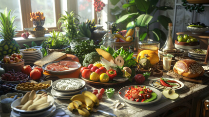 Fototapeta premium A vibrant and bountiful spread of various fresh fruits, vegetables, and dishes on a sunny dining table filled with natural light and lush greenery.