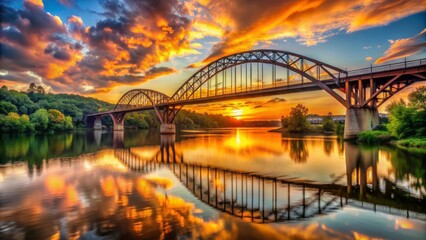 Naklejka premium Vibrant orange sunset casting a warm glow on a serene tranquil river flowing beneath a majestic steel arch bridge.