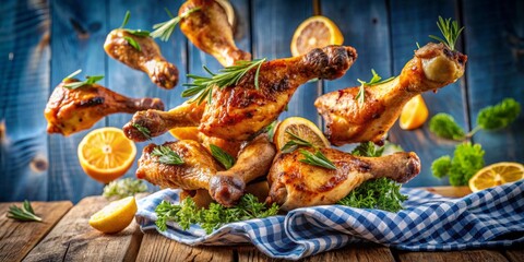 Obraz premium Golden brown grilled chicken drumsticks soar through a vibrant blue sky, set against a rustic wooden tablecloth, surrounded by fresh herbs and citrus slices.