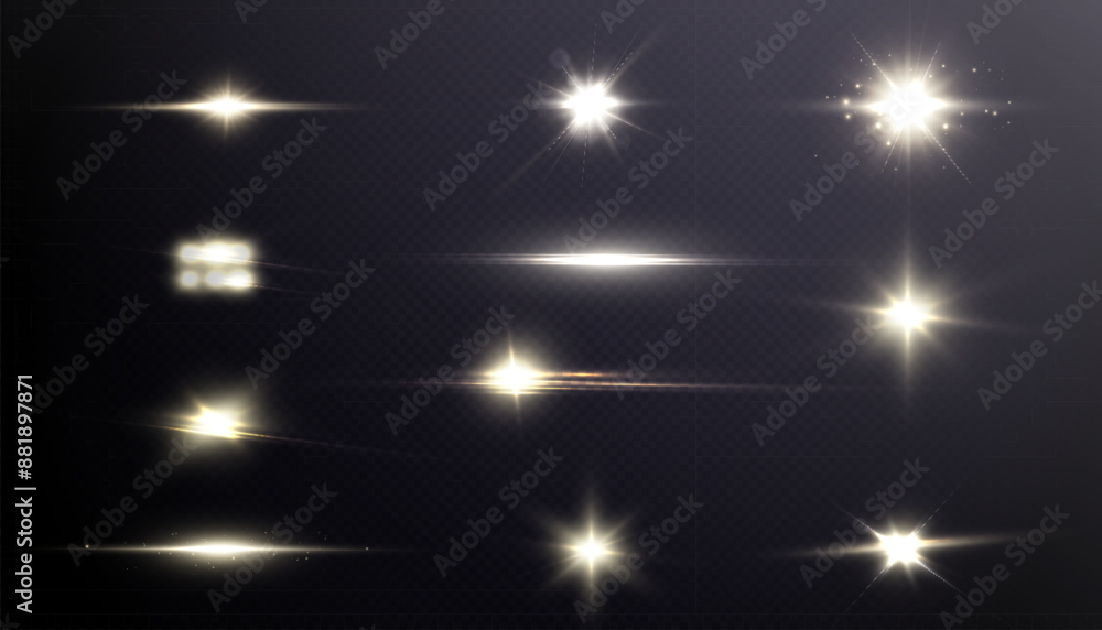 Poster set of bright white light effects. lens reflection effect. vector