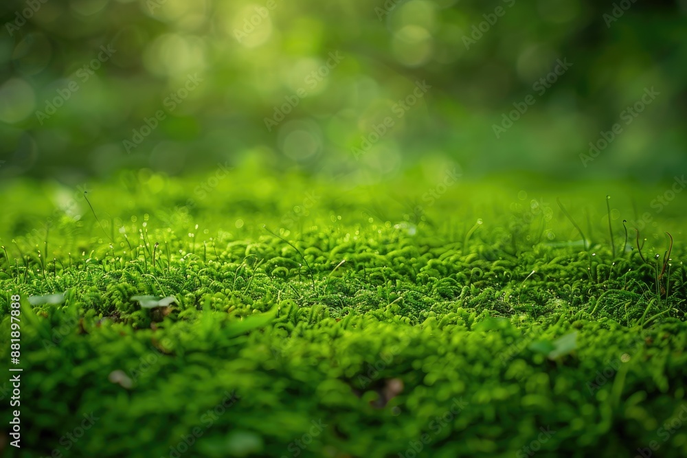 Poster a lush green field with a few small plants and grass. the image has a peaceful and calming mood