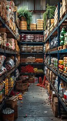 Obraz premium A cluttered warehouse aisle filled with various boxed and bagged stock items, including food, beverages, and plants.