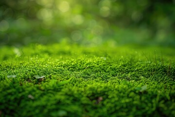 Naklejka premium A lush green field with a few small plants and grass. The image has a peaceful and calming mood