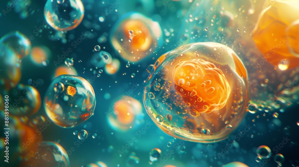Poster colorful abstract microscopic bubbles floating in a liquid. golden bubbles inside a fluid resemble c