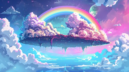 A vibrant landscape featuring a rainbow arching over a serene sea under a bright summer sky in a colorful and cartoon-like 16-bit
