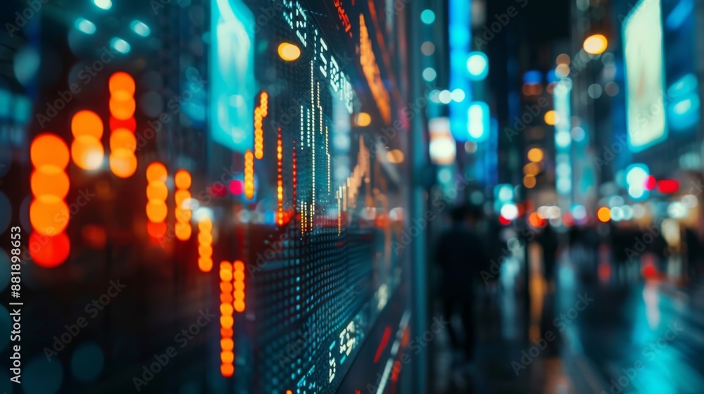 Poster a digital display showing a stock market ticker with scrolling financial graphs and market data in r