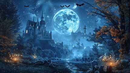 Fototapeta premium Graveyard cemetery to castle In Spooky scary dark Night full moon and bats on dead tree