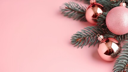 Christmas tree branch with pink bauble on pastel background. Christmas and New Year festive concept. Template for greeting card, invitation, banner with copy space.