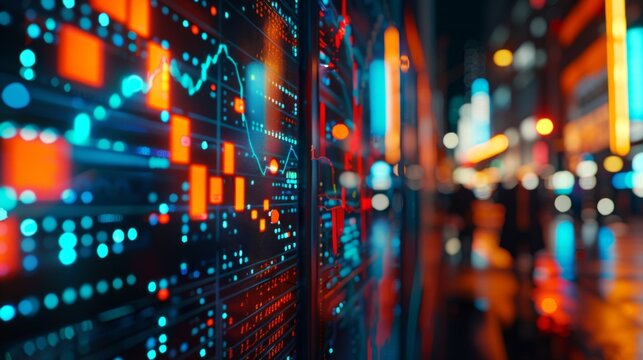A digital display showing a stock market ticker with scrolling financial graphs and market data in real time.