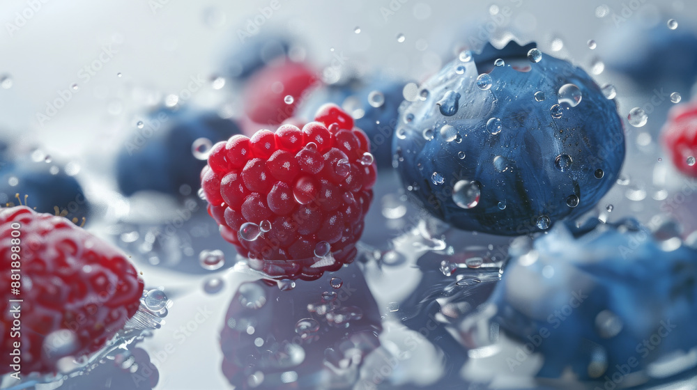 Wall mural Juicy raspberries and blueberries splashed with water, capturing their vibrant colors and freshness in stunning detail.